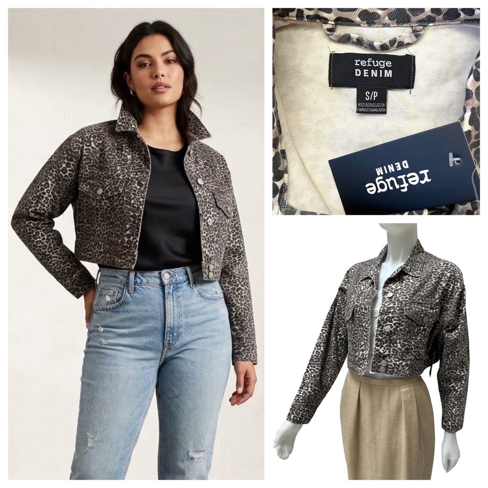 Refuge Denim Leopard Print Cropped Jacket Brown Animal Print Trucker Size SP NWT